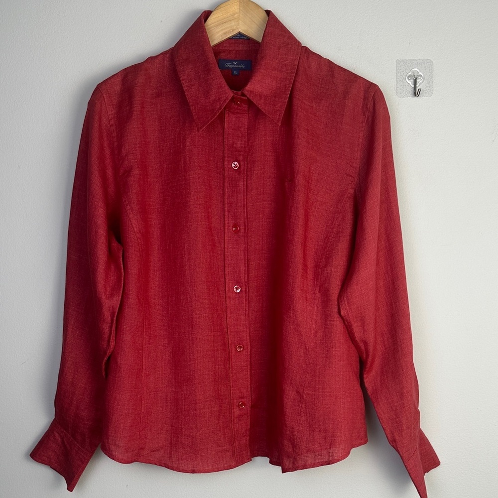Faconnable 100% Linen Red Button Down Shirt Long Sleeve Collared Hong Kong XL